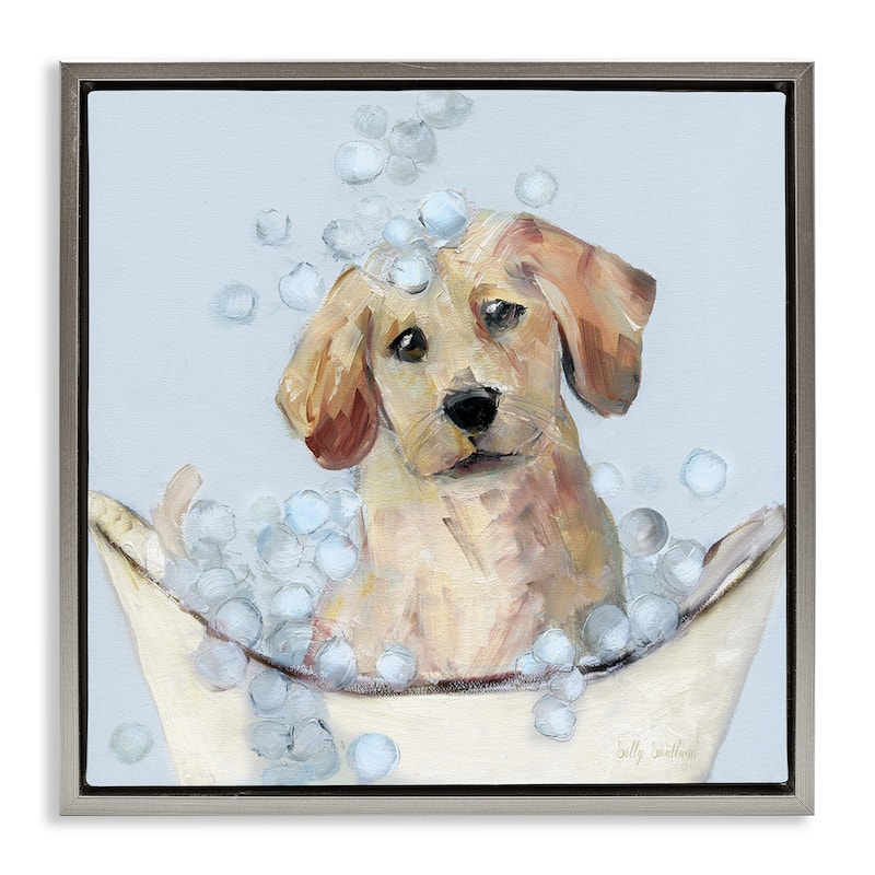 Stupell Bubble Bath Lab Puppy Framed Floater Canvas Wall Art Design By Sally Swatland - 18 x 18 - Grey