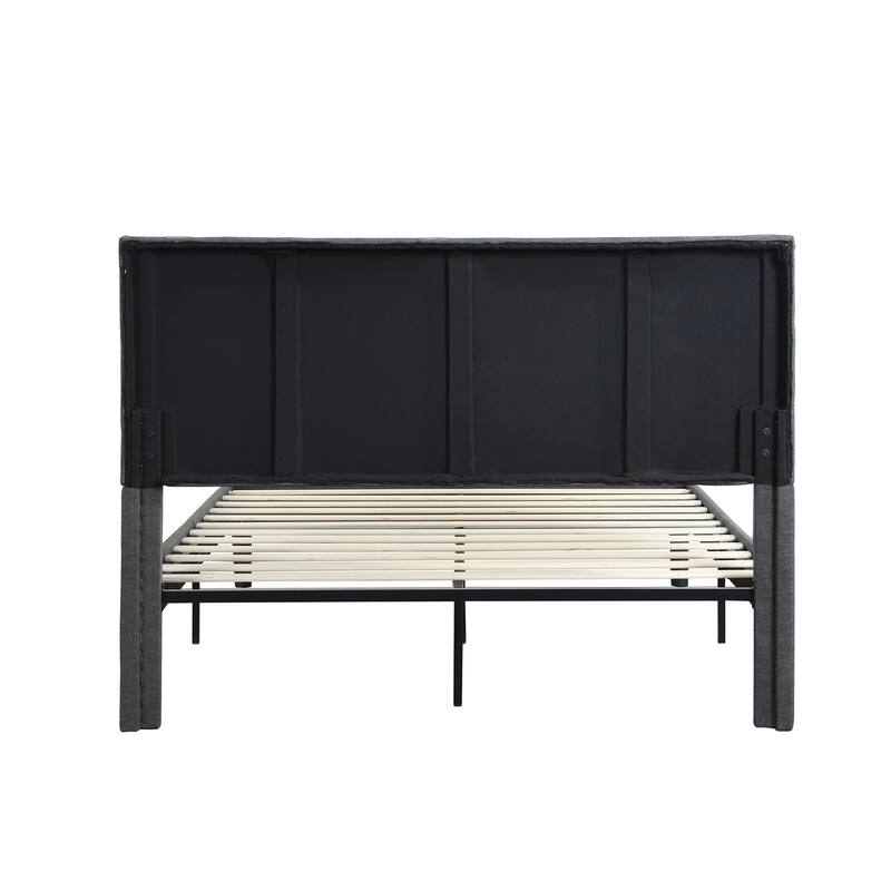 Grey Queen Size Upholstered Platform Bed with Slat Support