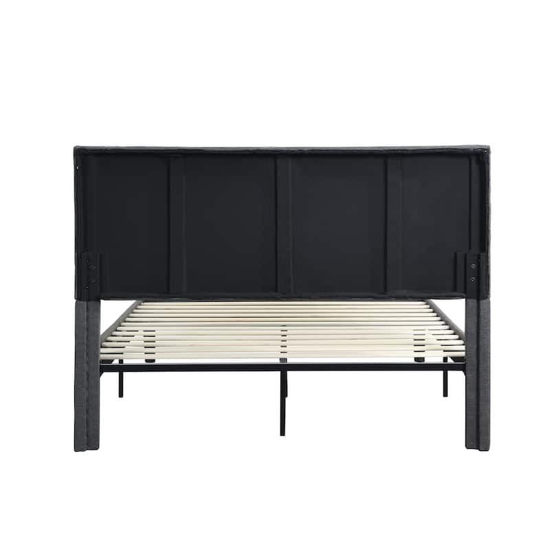 Grey Queen Size Upholstered Platform Bed with Wood Slat Support