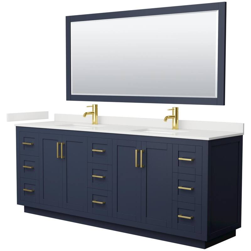 Wyndham Collection WCF292984D-QTZ-UNSM70 Miranda 84" Free Standing - Dark Blue / White Quartz Top / Brushed Gold