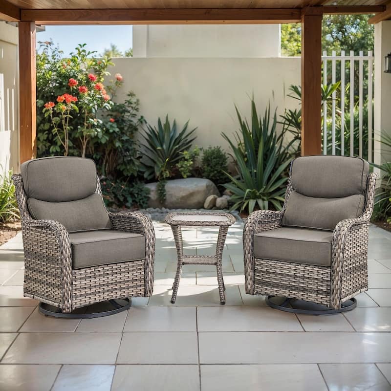 Arcadia 3-Piece Wicker Patio Swivel Glider Chairs with 6-Inch Thick Cushions and Side Table