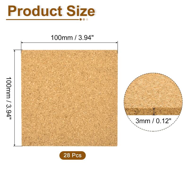 Cork Coaster for Drink, Square Cork Mats 3mm Thick - Brown - 28Pcs - 100mm Length, 3mm Thick