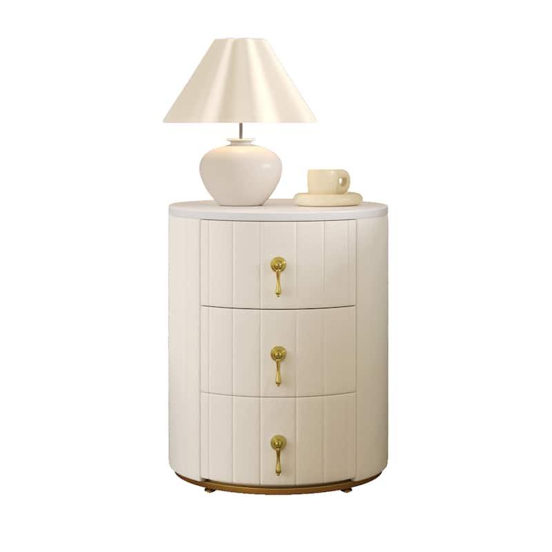 Round Nightstand with 3 Drawers, Velvet Upholstered Storage Cabinet, Sofa Side Table with Marble Table Top & Metal Legs