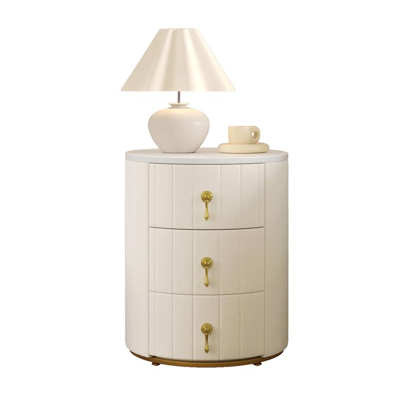 Upholstered Nightstand with 3 Drawers, Round Bedside Table with Metal Handles,Marbling Stickers Top Night Table for Bedroom