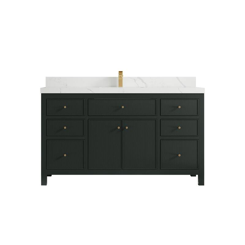 Willow Collections 60 in W x 22 in D Sonoma Free Standing Reeded Single Sink Bathroom Vanity with Countertop - 2" Calacatta Laza - Dark Forest Green