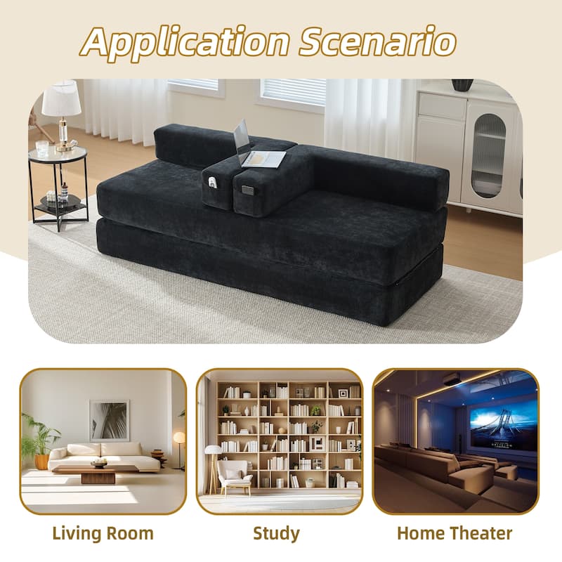 HOMEFUN Chenille Upholstered Convertible Foldable Memory Foam Sleeper Sofa with Pillows for Living Room
