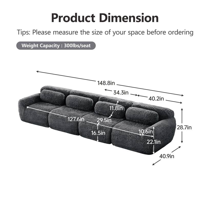 Modular Sectional Sofa, Plush Fabric Boneless Couch with Throw Pillows, 2/3/4-Seater Options, No Assembly