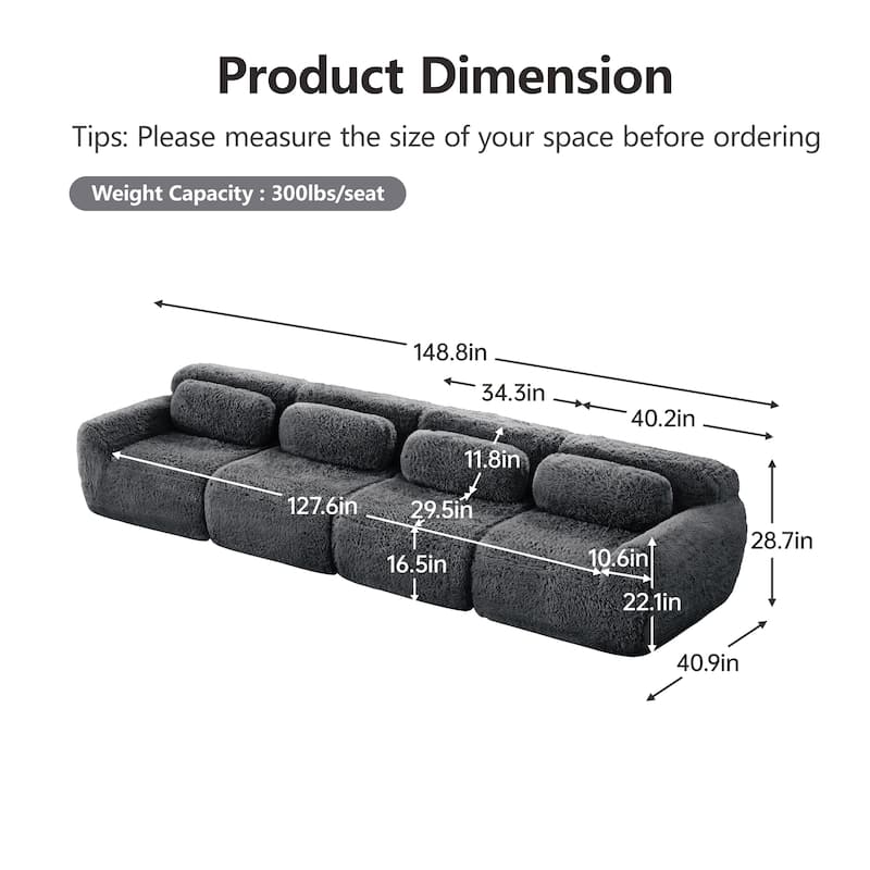 Rossetta 149'' Modern 4-seater Soft Fluffy Plush Fabric Modular Sectional Deep Sofa Couches, Free Combination Buckle Connection