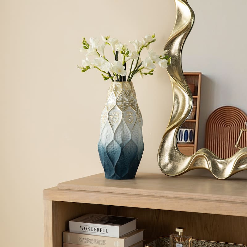 Glitzhome Set of 2 Abstract Ombre Blue and Gold Metal Vases