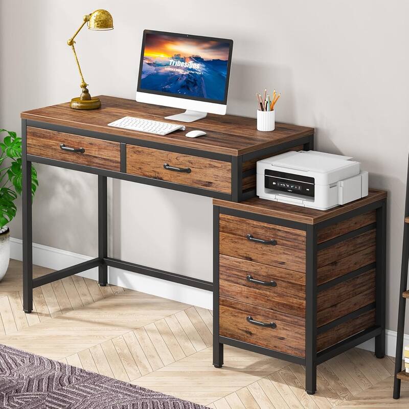 Modern Computer Desk with 5 Drawers, Home Office Desks with Reversible Drawer Cabinet Printer Stand