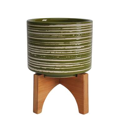 Ceramicamic 5" Planter On Wooden Stand, Olive - 5" x 5" x 6"