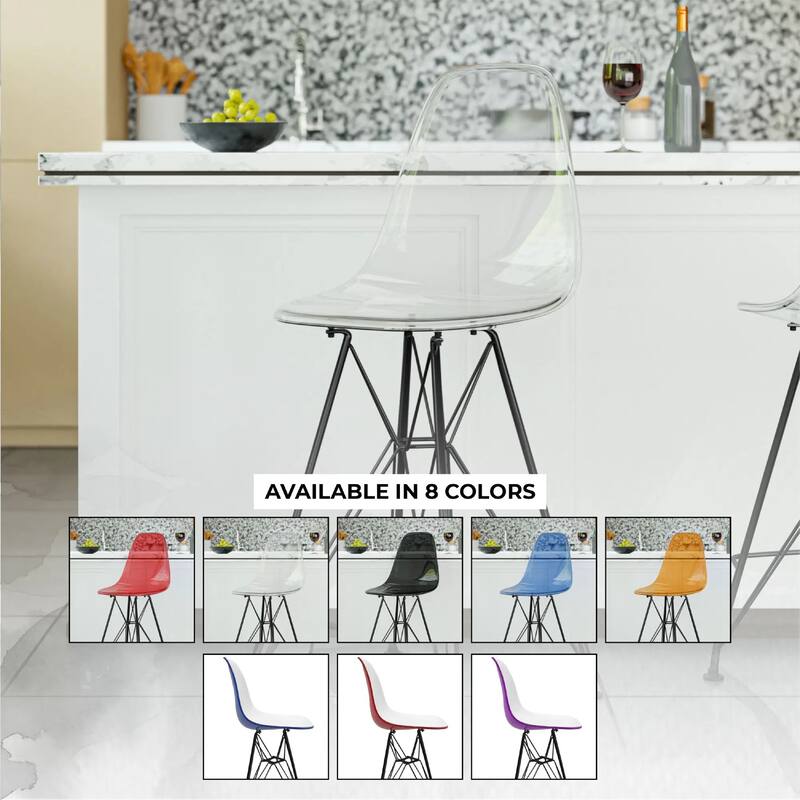 Cresco Acrylic Barstool in Brushed Black Steel Base with Ergonomic Seat, Footrest, & Floor Pads for Kitchen or Home Bar Set of 2