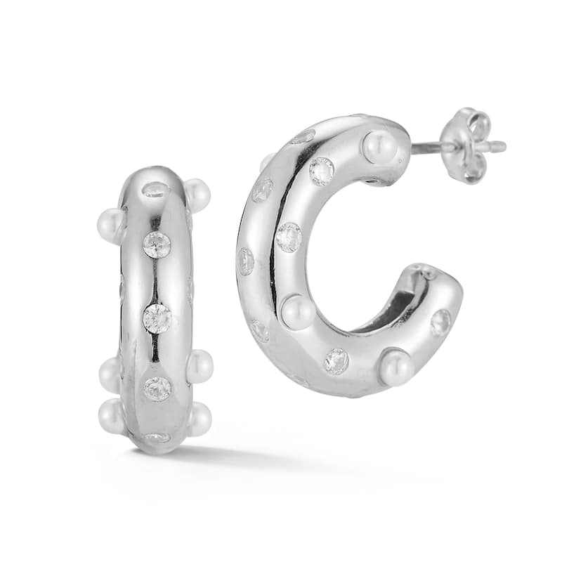 Soleil Sterling Silver CZ and Freshwater Pearl Bold C-Hoop Earrings - White