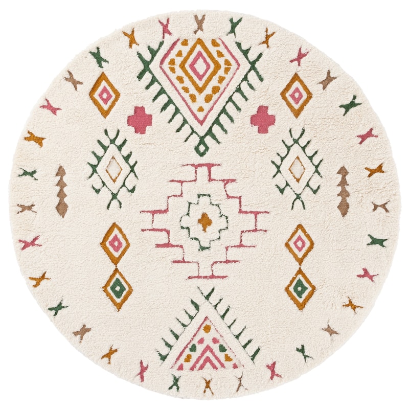 SAFAVIEH Handmade Casablanca Adiba Shag Boho Wool 1-inch Rug - 6' Round - Ivory/Pink