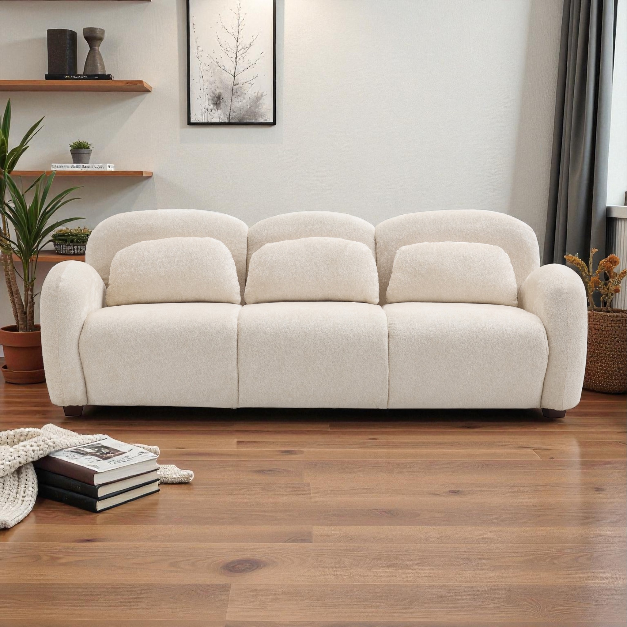78" Modern Boucle Sofa, 3-Seater Upholstered Couch with Pillows, Curved Petal Design for Living Room Bedroom Office