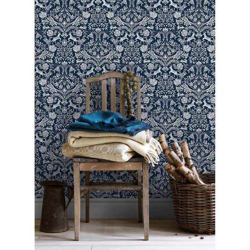 Chesapeake Forest Dance Navy Damask Wallpaper