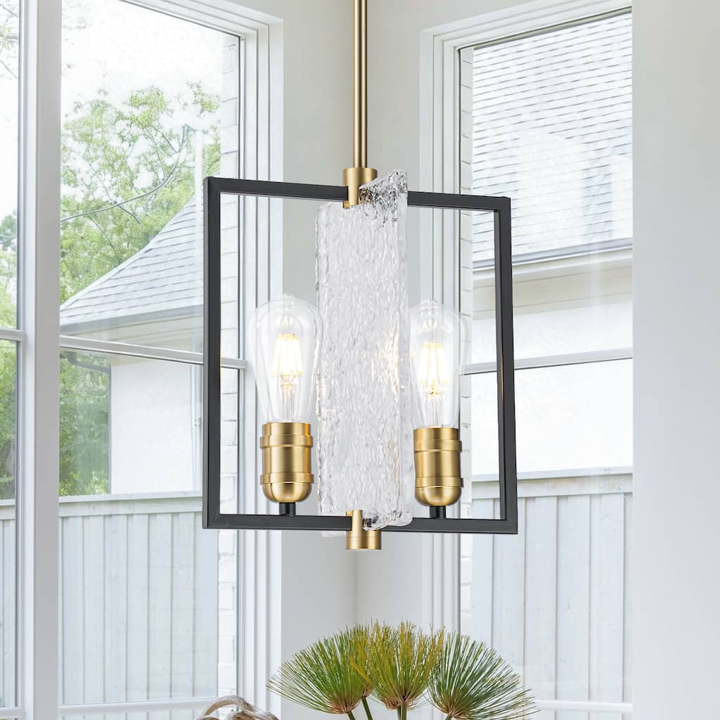 Matte Black & Brushed Gold Geometric Chandelier with Hammered Glass - Dia.11.02-in
