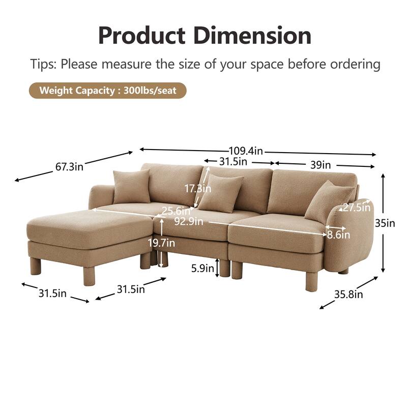 109.4" 3-Seater Modern Upholstered Sofa Couch, Deep-Seat Sectional Sofa with Shell-Shaped Armrests, Leisure Sofa for Living Room