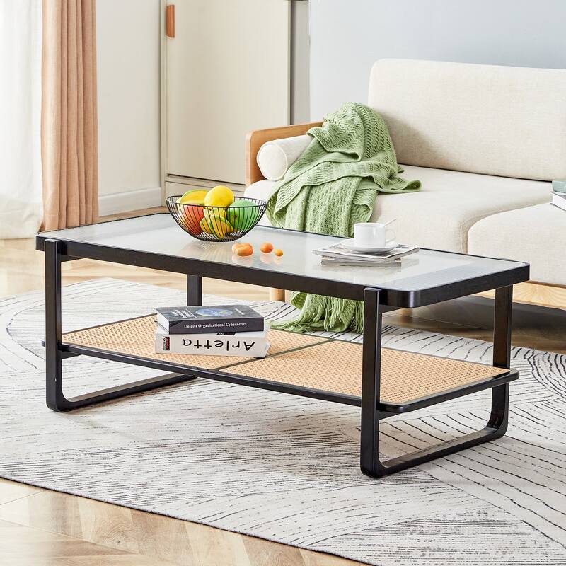 Coffee Table Solid Wood End Table Imitation Rattan Center Table