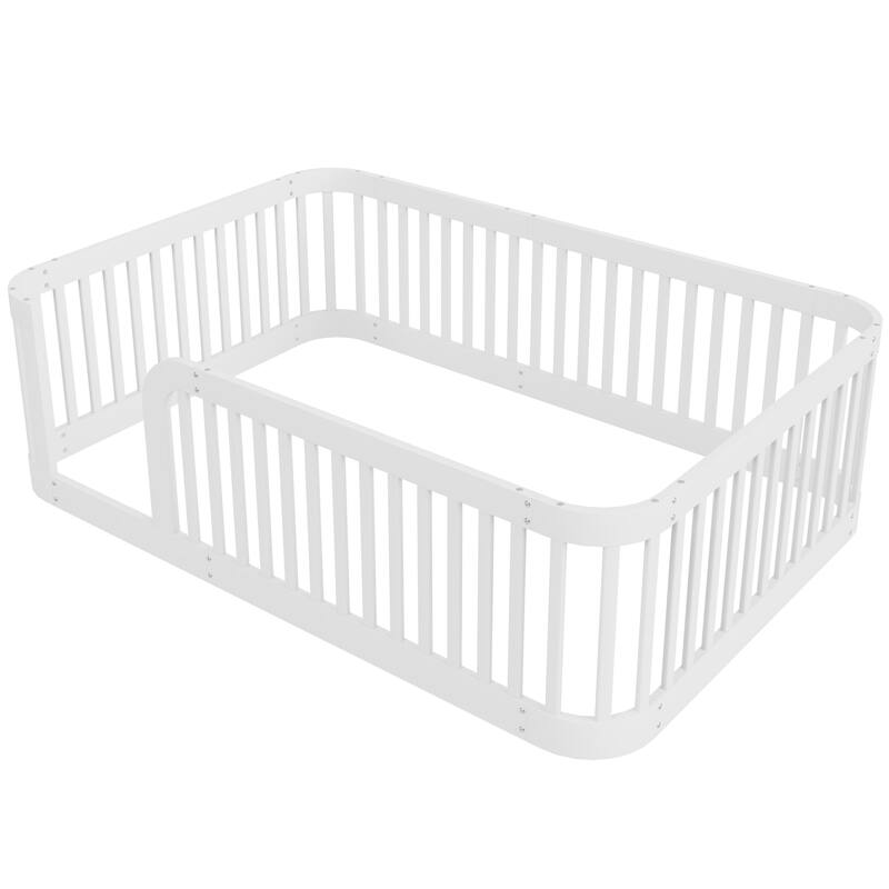 Full Size Wood Floor Bed Frame with Fence, White - Safe and Stylish for Kids