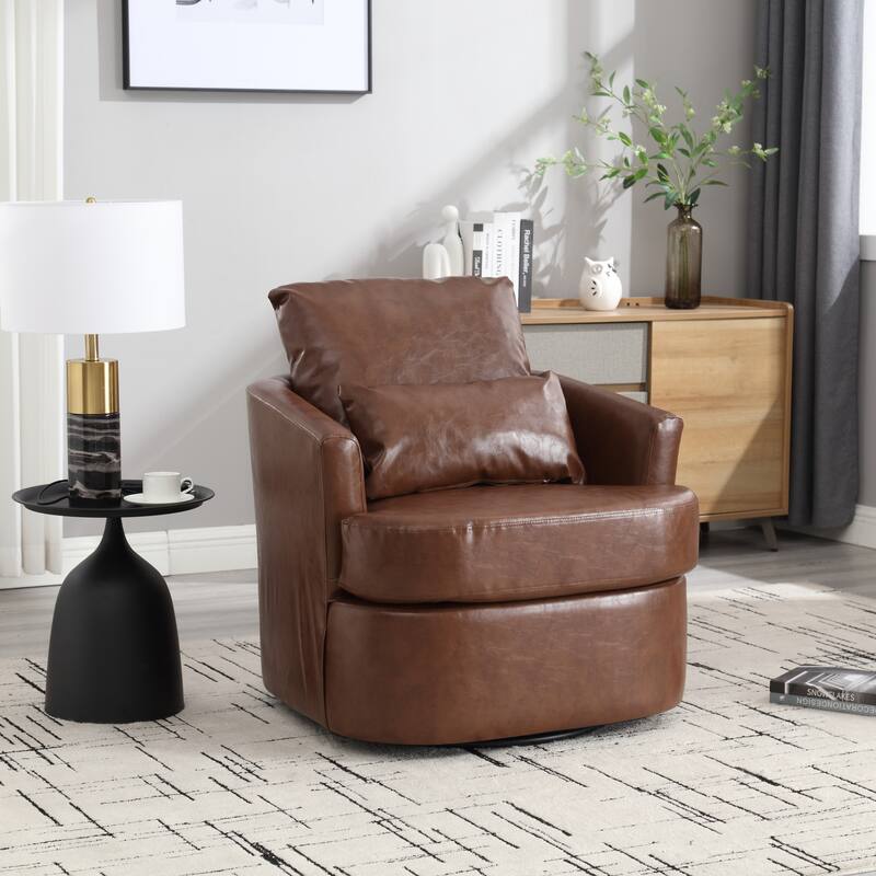 Roomfitters PU Leather Swivel Barrel Chair, 360° Modern Club Accent Chair for Living Room, Bedroom, or Office Lounge - Brown