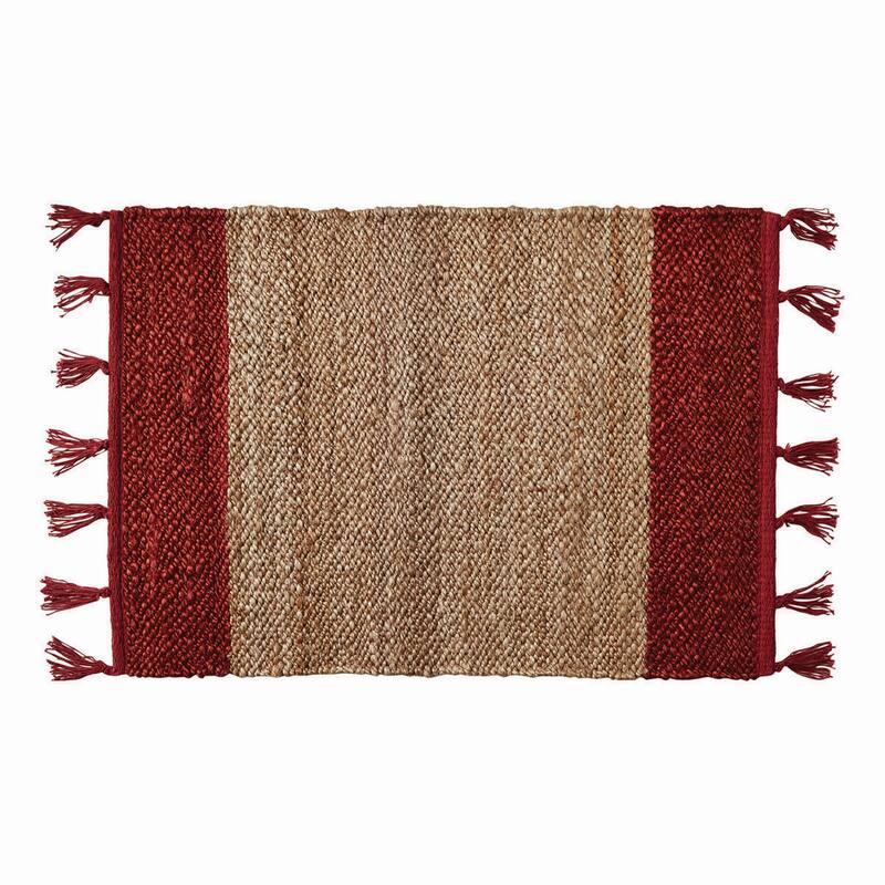 Lalla Jute Border Stripe Rug Red And Brown with Tassels 24" X 36" Jute Doormat Rug Entryway Mat - 36 x 24