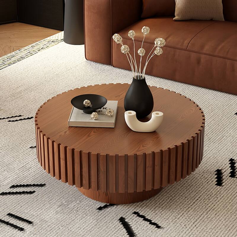 Modern Round Coffee Table Stylish Coffee Table Olive Shaped Coffee Table with Handmade Relief and Base, for Living Room - Natural