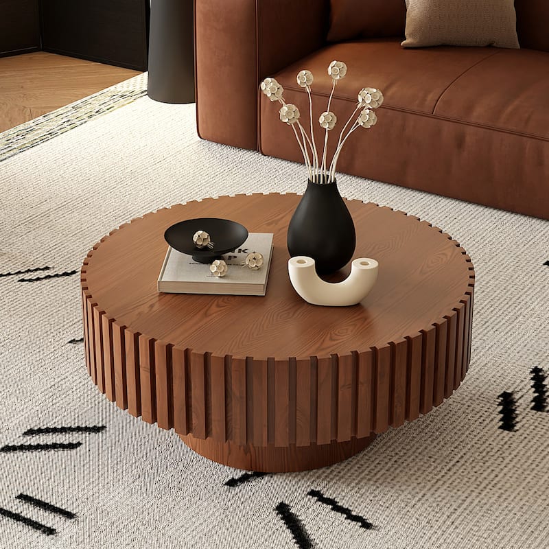 Wooden Handcrafted Relief Round Coffee Table with Sturdy Pedestal - Natural Wood