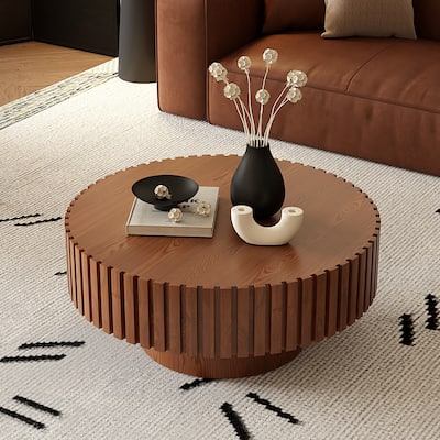 Wooden Handcrafted Relief Round Coffee Table with Sturdy Pedestal