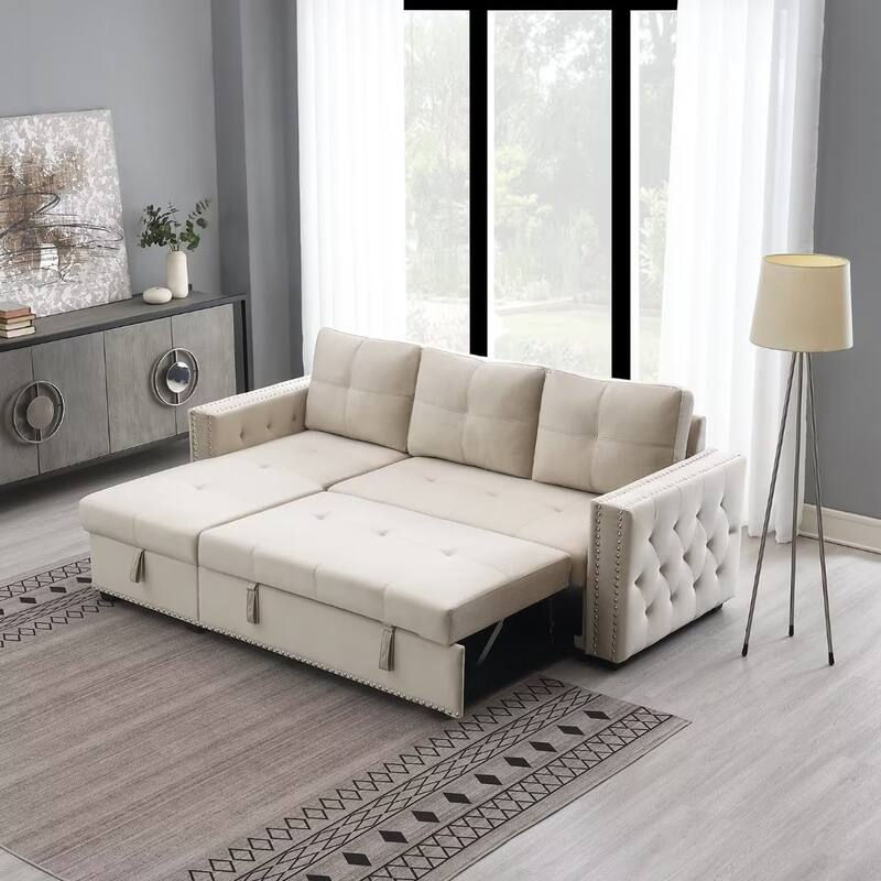 Morden Fort Reversible L-Shaped Sofa Bed with Storage - Velvet Upholstery, Button Tufting, and Nailhead Trim