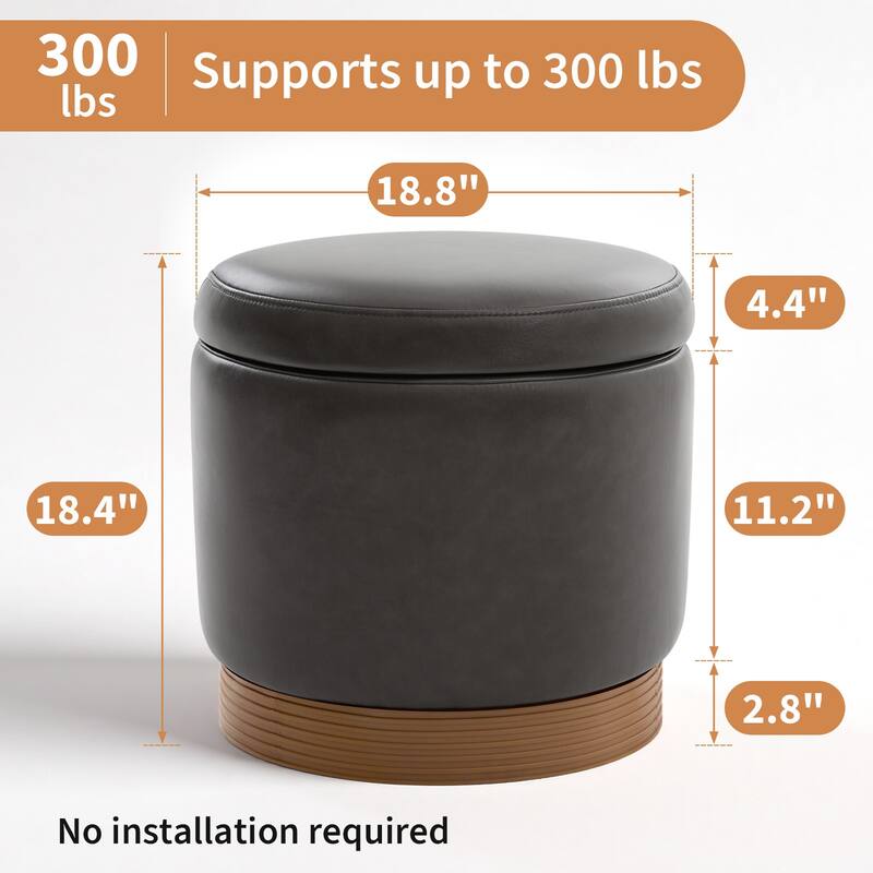 Round Swivel Storage Ottoman Footstool with Flip-top and Acacia Frame