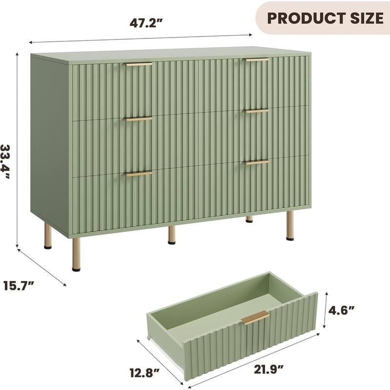 Fluted 6 Drawer Dresser, Modern Wide Chest with Deep Drawers, Wooden Storage Organizer for Living Room, Hallway