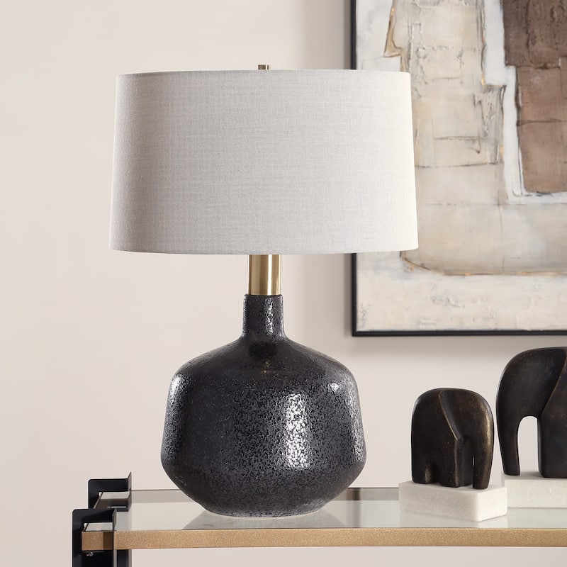 Mottled Gloss Ceramic Table Lamp with Drum Shade - 25.75" - Matte Black