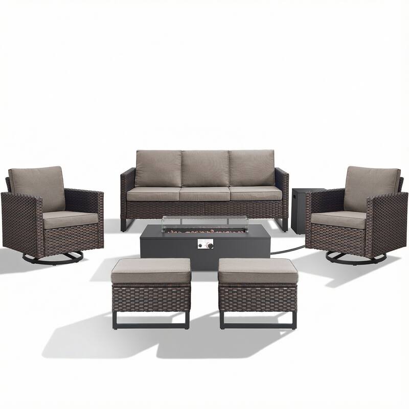 Pocassy Patio 5/7PCS Sofa Swivel Chair Ottoman with Fire Pit Table