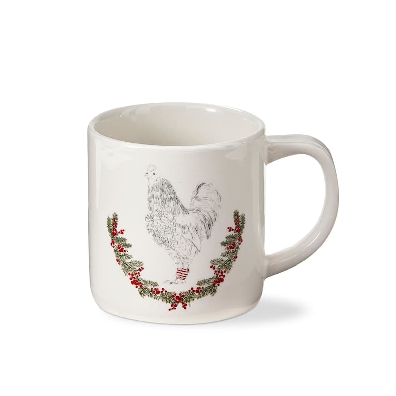 "Farmhouse Christmas" Collection Earthenware White Mug Featuring Rooster with Holly, 16.0 oz.