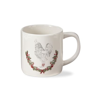 "Farmhouse Christmas" Collection Earthenware White Mug Featuring Rooster with Holly, 16.0 oz.