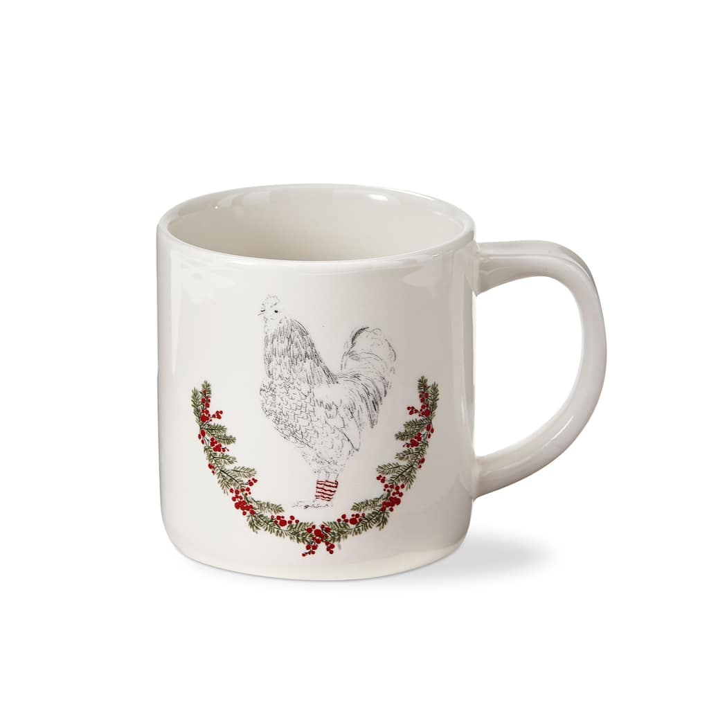 "Farmhouse Christmas" Collection Earthenware White Mug Featuring Rooster with Holly, 16.0 oz.