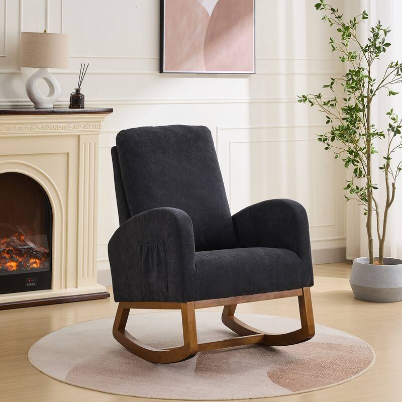 27.2"W Rocking Chair, Polyester Glider Chair with High Back and Side Pocket, Rocking Accent Armchair with Rubber Wood Legs