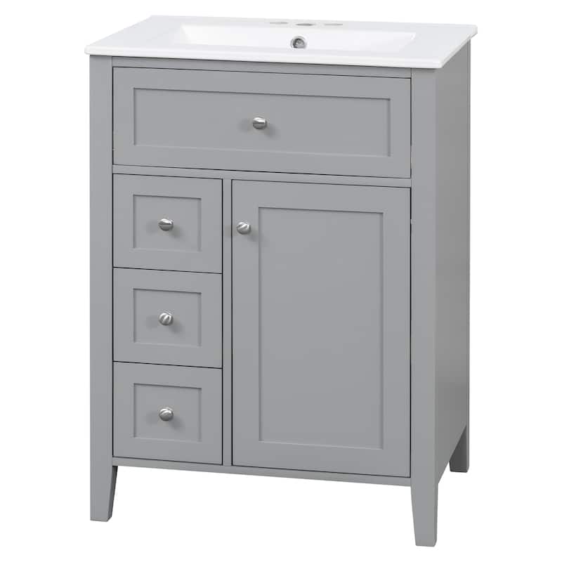 24" Bathroom Vanity with Sink, MDF & Rubberwood Construction, 3 Drawers & Cabinet with Adjustable Shelves