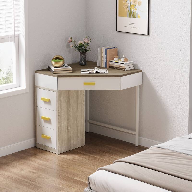 Corner Computer Desk with Drawers, Writing PC Makeup Vanity Storage Desk, Home Office Living Room Bedroom Accent Desk