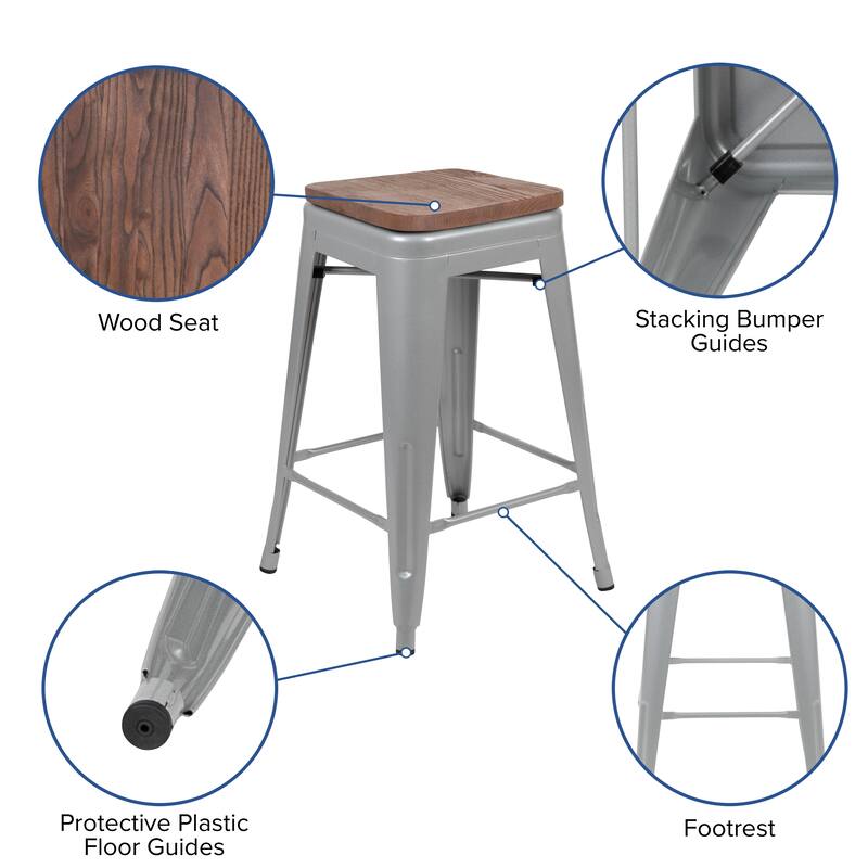 4 Pack 24" High Metal Indoor Counter Bar Stool with Wood Seat - Stackable Stool