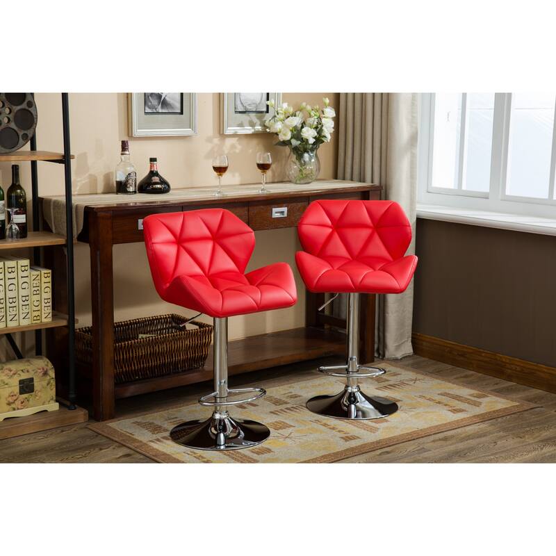 2-Piece Swivel Diamond-Tufted Leather Counter Stools Bar Stools with Adjustable Height & Footrest Dining Stools - Red