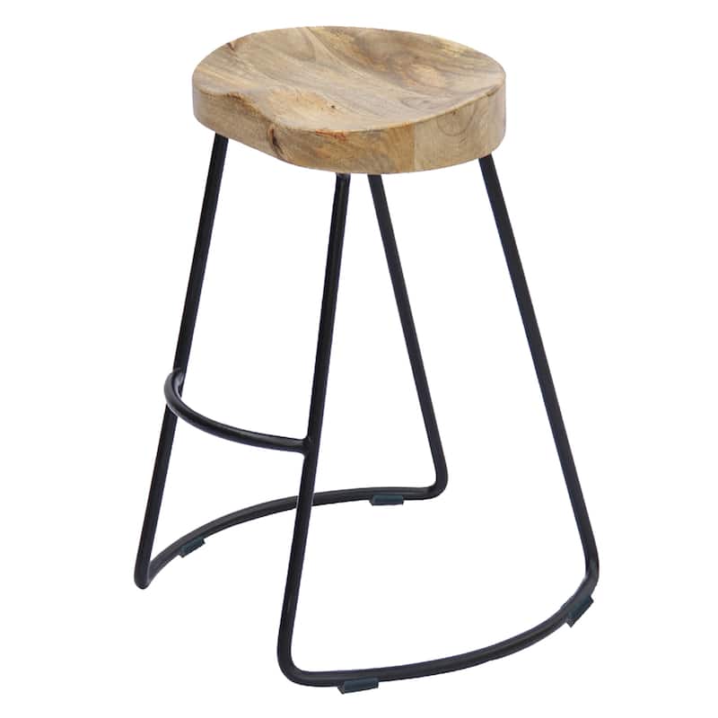 Ela 30 Inch Mango Wood Bar Stool, Saddle Seat, Iron Frame, Brown and Black - Single - Brown - Bar Height