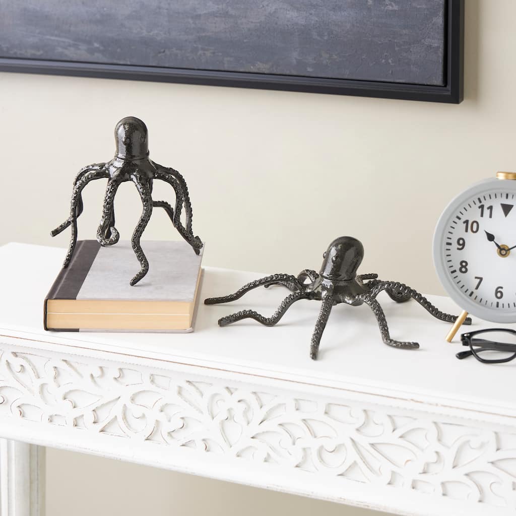 Black Aluminum Metal Octopus Decorative Sculpture with Textured Tentacles (Set of 2)
