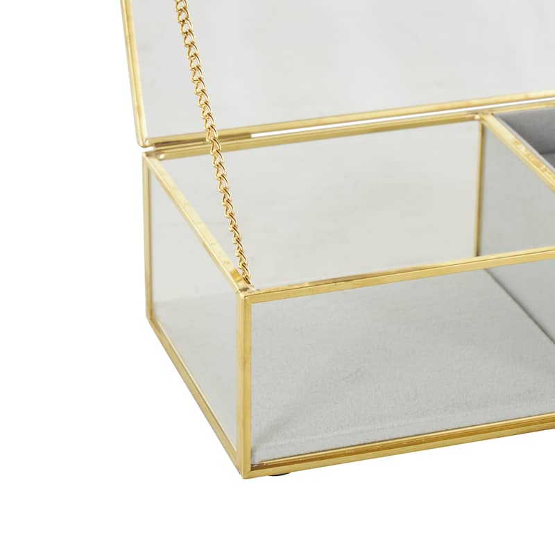 Glass Decorative Jewelry Box with Gold Metal Frame and Gray Fabric Interior with Ring Slots - Clear - Roche River Decor