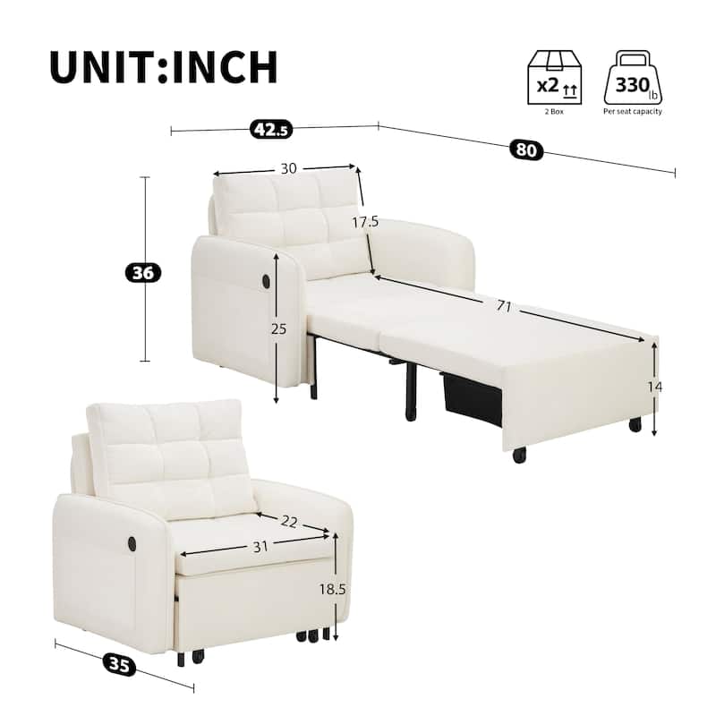 3-in-1 Chenille Accent Chair Convertible Sleeper Sofa Bed, 80" Extra Long Pull-out Chair Bed with USB and Type-C Ports
