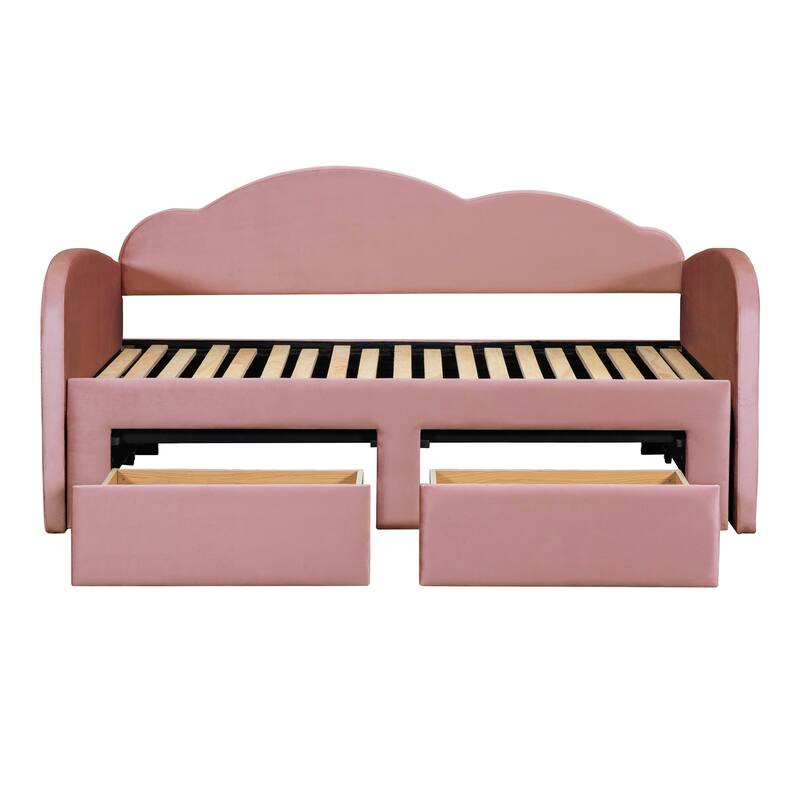 Twin Upholstered Daybed with Cloud Backrest, Pop-Up Trundle, USB Ports, and 2 Drawers, Space-Saving Design for Guest Rooms