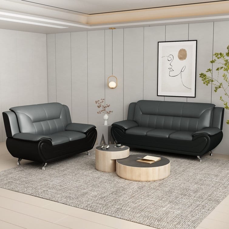 William Street Faux Leather Upholstered 2PCS Living Room Set - Grey/Black