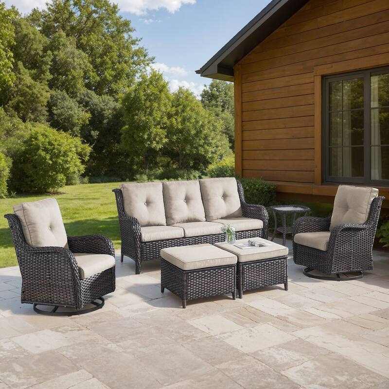 Gymojoy 6-Piece Outdoor Wicker Patio Set with Swivel Rockers, 3-Seater Sofa & Ottomans