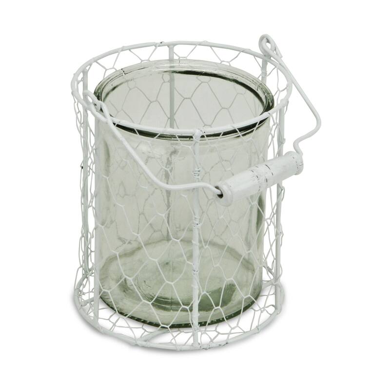 HomeRoots 6" White and Clear Wire Basket and Glass Jar - 6' X '6.5' X '6